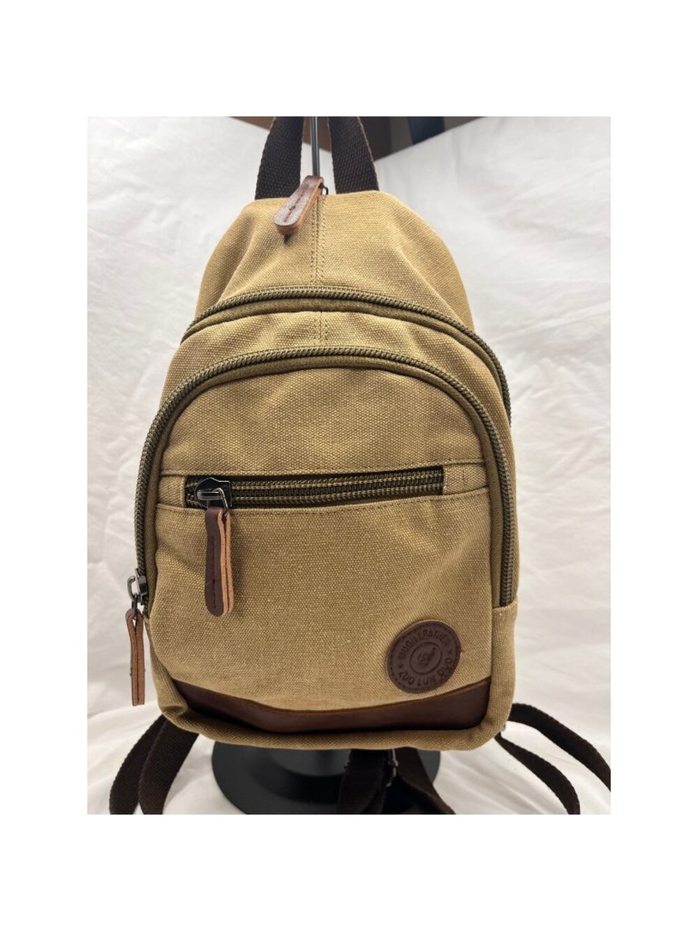 Zuo Lun Duo Mugu Leather Canvas Convertible Backpack Shoulder Bag Khaki Brown